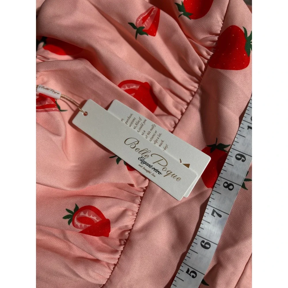 Bella Poque Pink Strawberry Print Fit and‎ Flare Dress Sleeveless - Picture 8 of 12